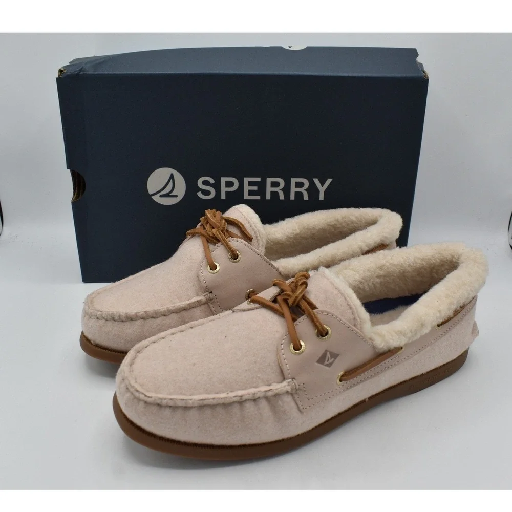 Sperry Women Size 10 AO 2 Eye Lined Faux Shearling Light Pink Suede Boat Shoes